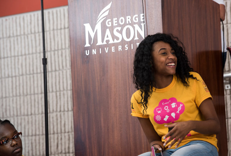 Females of Color Underrepreseted in STEM (FOCUS) camp students participate in the College of Science Stem Accelerator Program with Mason students and faculty covering topics such as biology, engineering, chemistry, cybersecurity, forensic science, and more. Photo by Evan Cantwell/Creative Serivces/George Mason University